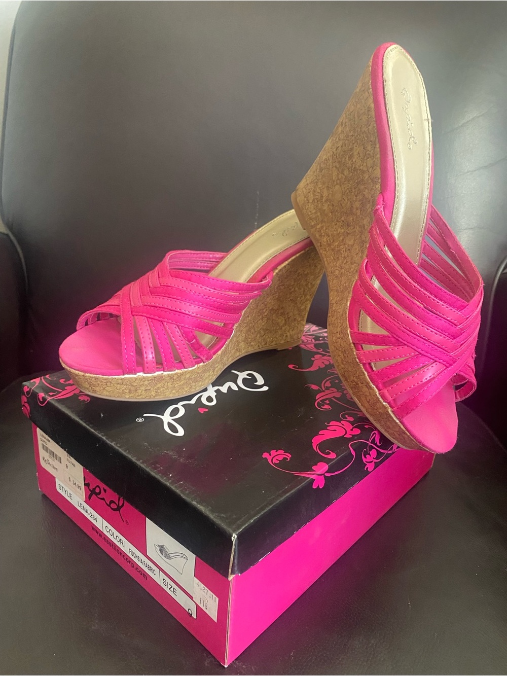 Qupid Fuchsia Strappy Cork Wedge Slide Sandals